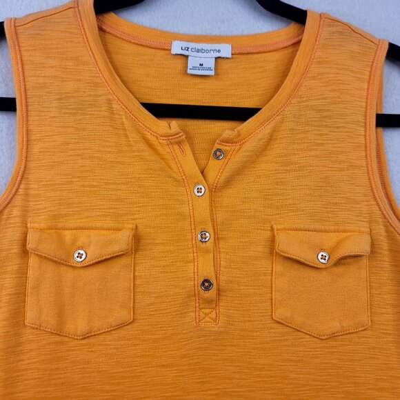 Liz Claiborne Womens Orange Henley Tank Top Two Front Button Pockets Medium - Picture 2 of 7